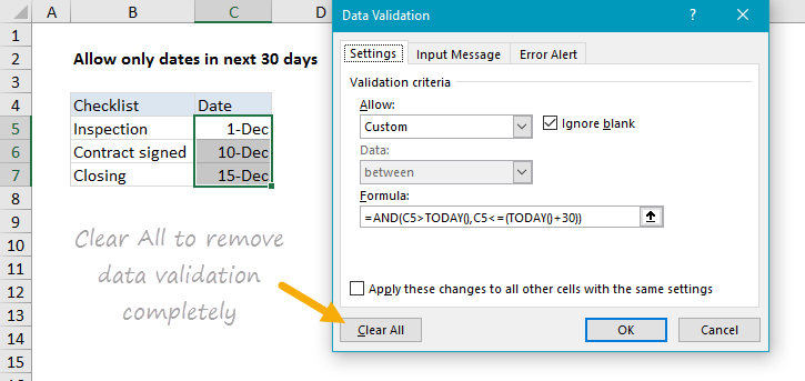 Use the Clear All button to remove data validationhttps://exceljet.net/sites/default/files/images/articles/inline/Clear%20all%20to%20remove%20data%20validation%20completely.png