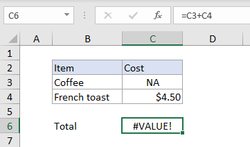 Excel #VALUE! error example
