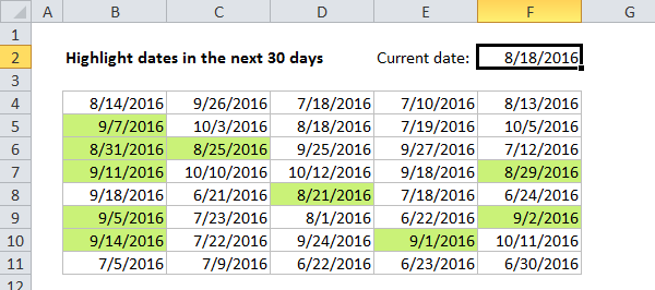 Conditional formatting to highlight dates in the next 30 days