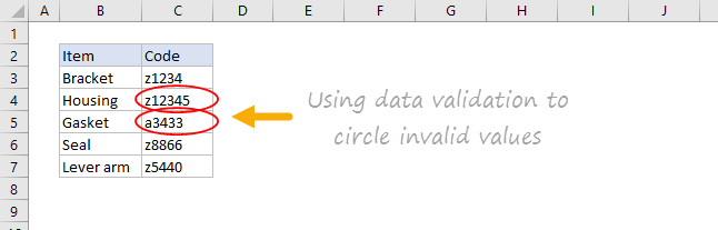 Data validation invalid values circled on worksheet