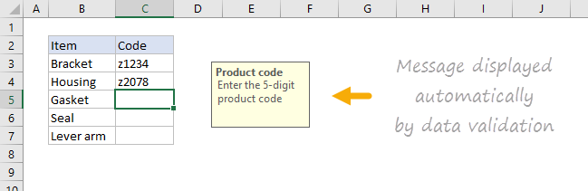 Example data validation message displayed when cell selected
