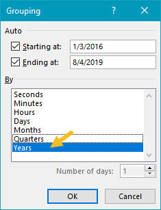 Date grouping settings - group by Years only