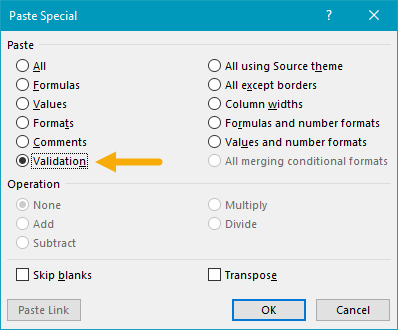 Using paste special to copy data validation