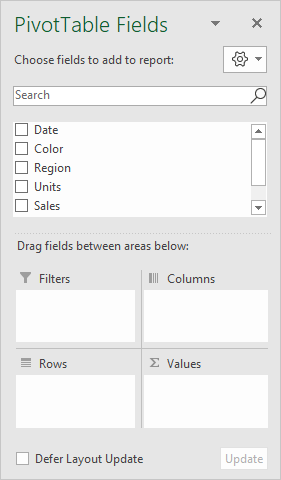Fields pane for new empty pivot table