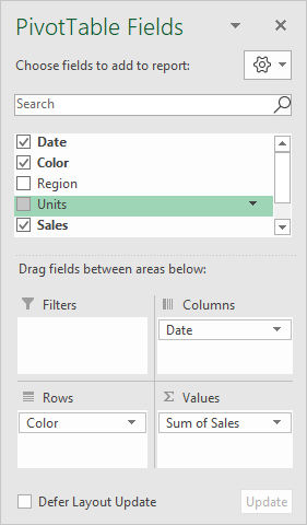 Pivot table fields pane - sales by color and by year