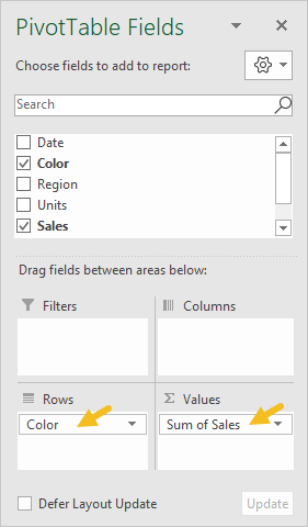 Pivot table fields pane - sales by color
