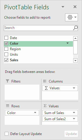 Pivot table fields pane - sales by color with percentage