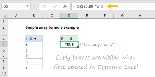 Simple array formula with curly braces visible