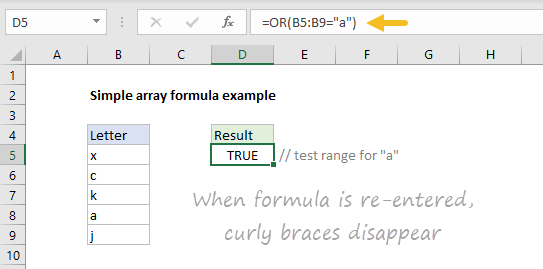 Simple array formula with curly braces not visible