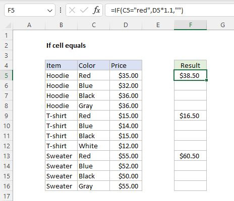 IF function example - increase price 10% if color is Red