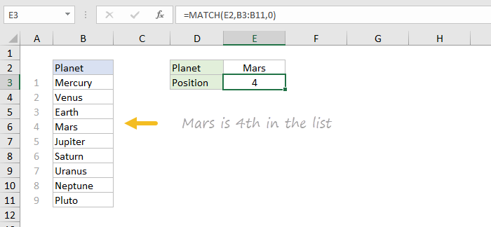 Basic exact match with MATCH function