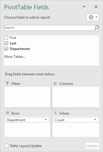 Pivot table count blanks field list
