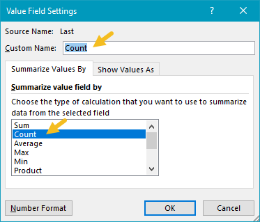 Value field settings for Last name
