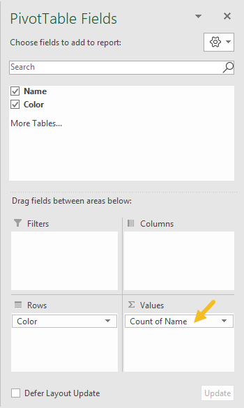 Pivot table basic count field configuration