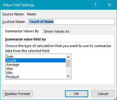 Pivot table basic count value field settings