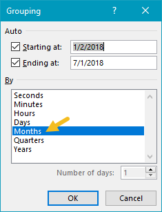 Pivot table count by month date grouping configuration