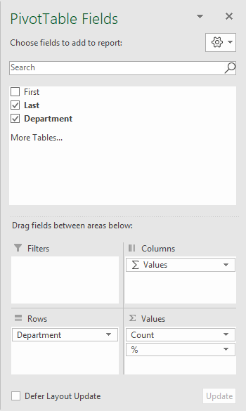 Pivot table count with percentage field configuration