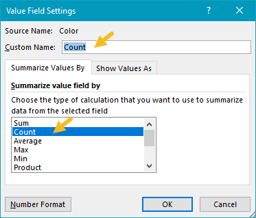 Color field renamed Count in values area