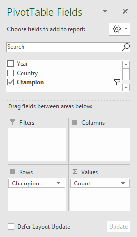 Pivot table field list - only Champion is used