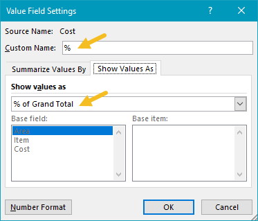 Cost value settings for percentage, renamed "%"