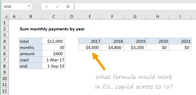 What formula works in E5, copied across to I5?