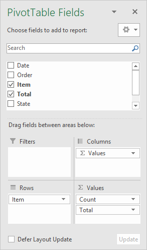 Excel Pivot Table builder interface
