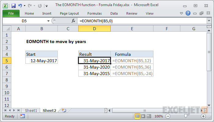 EOMONTH function example moving by years