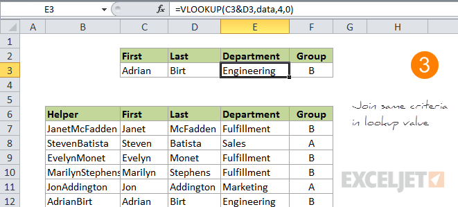 VLOOKUP multiple criteria step 3 - join criteria to form lookup value