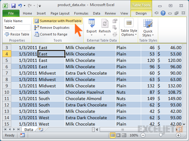 Now that we have a table, we can use Summarize with PivotTable