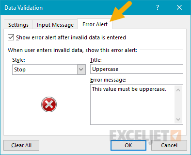 Data validation error alert tab