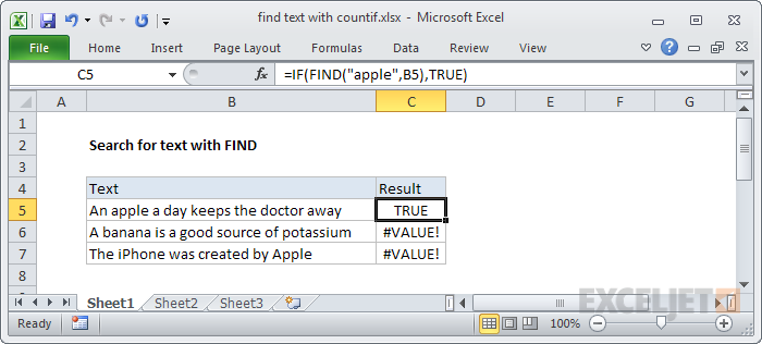 Finding text with the FIND function with IF function