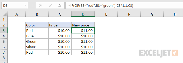 Formula criteria example #2 - increase price if red or green