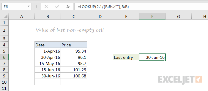 LOOKUP function example - last non-empty cell