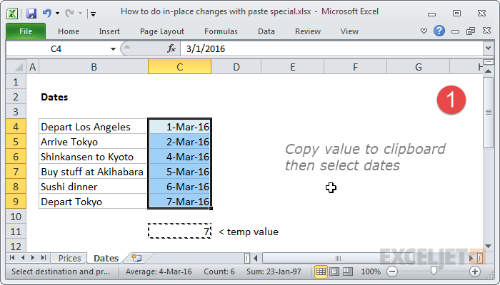 Copy temp value and select dates