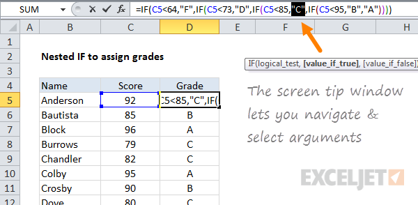 Navigate and select formula arguments with the screen tip