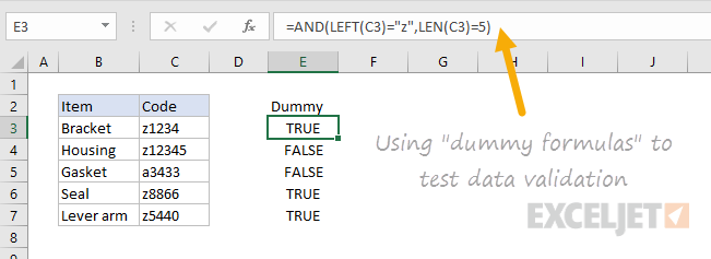 Testing data validation with dummy formulas