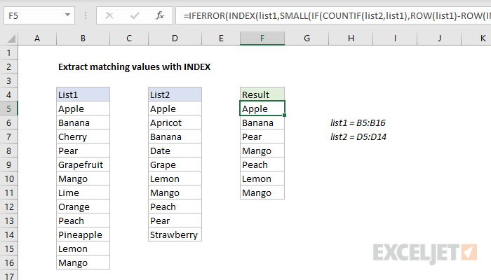 Extract matching values with INDEX