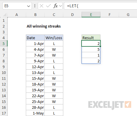 Using the SCAN function to return all winning streaks