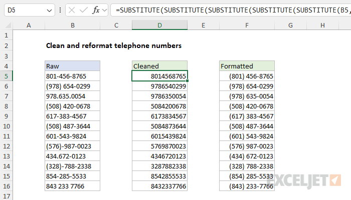 Cleaning phone numbers with nested SUBSTITUTE functions