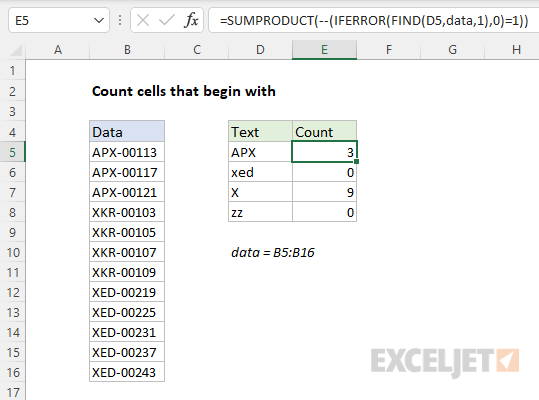 Count cells that begin with SUMPRODUCT and FIND