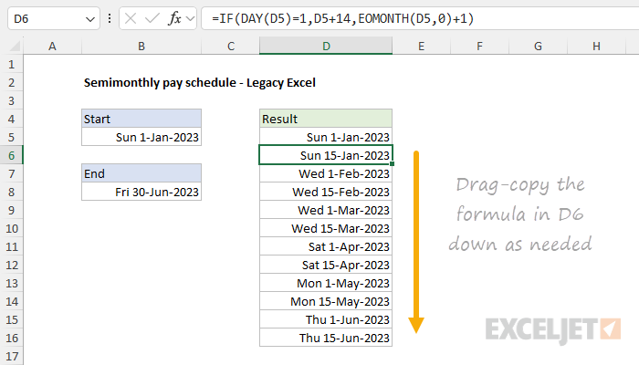 Formula for semimonthly pay dates in older versions of Excel