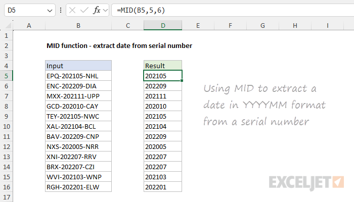 MID function example - extract date from serial number