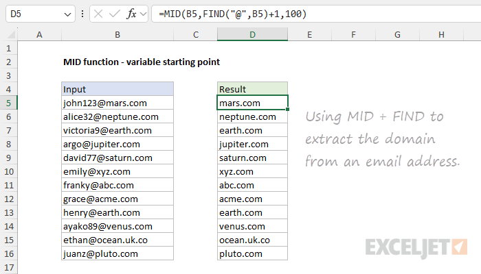 MID function example - extract domain from email address