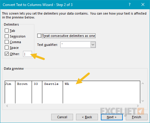 Example of Excel Text to Columns dialog box configuration