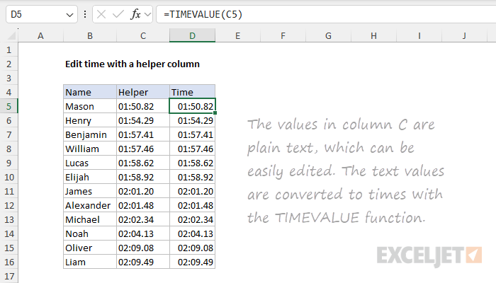 Editing hundredths of a second with a helper column