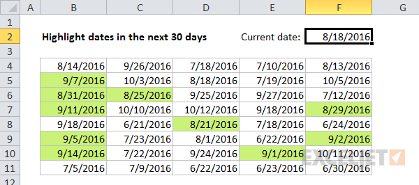 Conditional formatting to highlight dates in the next 30 days
