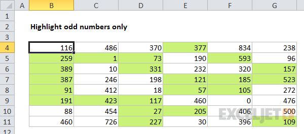 The ISODD function returns TRUE for odd numbers, triggering the rule