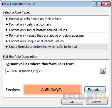 CF formula to count duplicates that appear at least 5 times