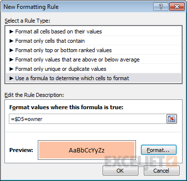 CF rule to highlight rows based on owner