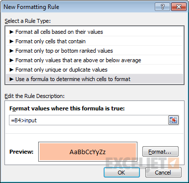 CF formula compares values to named range "input"